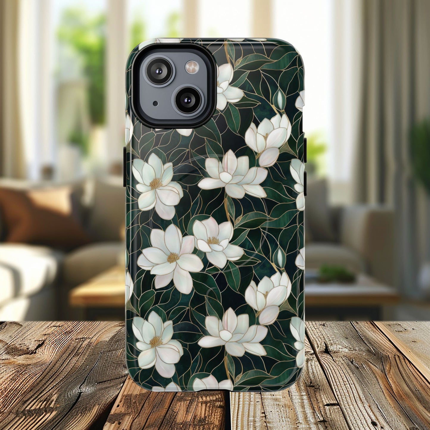 Midnight Magnolia Tough iPhone Magnetic Case, Stylish Stained Glass iPhone Protection, Nature Lover Gift, Spring Vibes