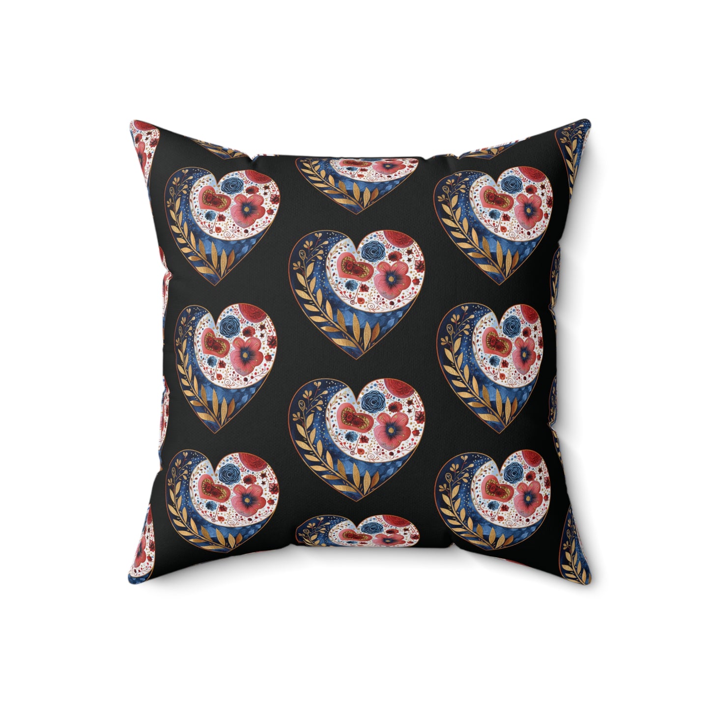 Black Floral Heart Spun Polyester Square Pillow