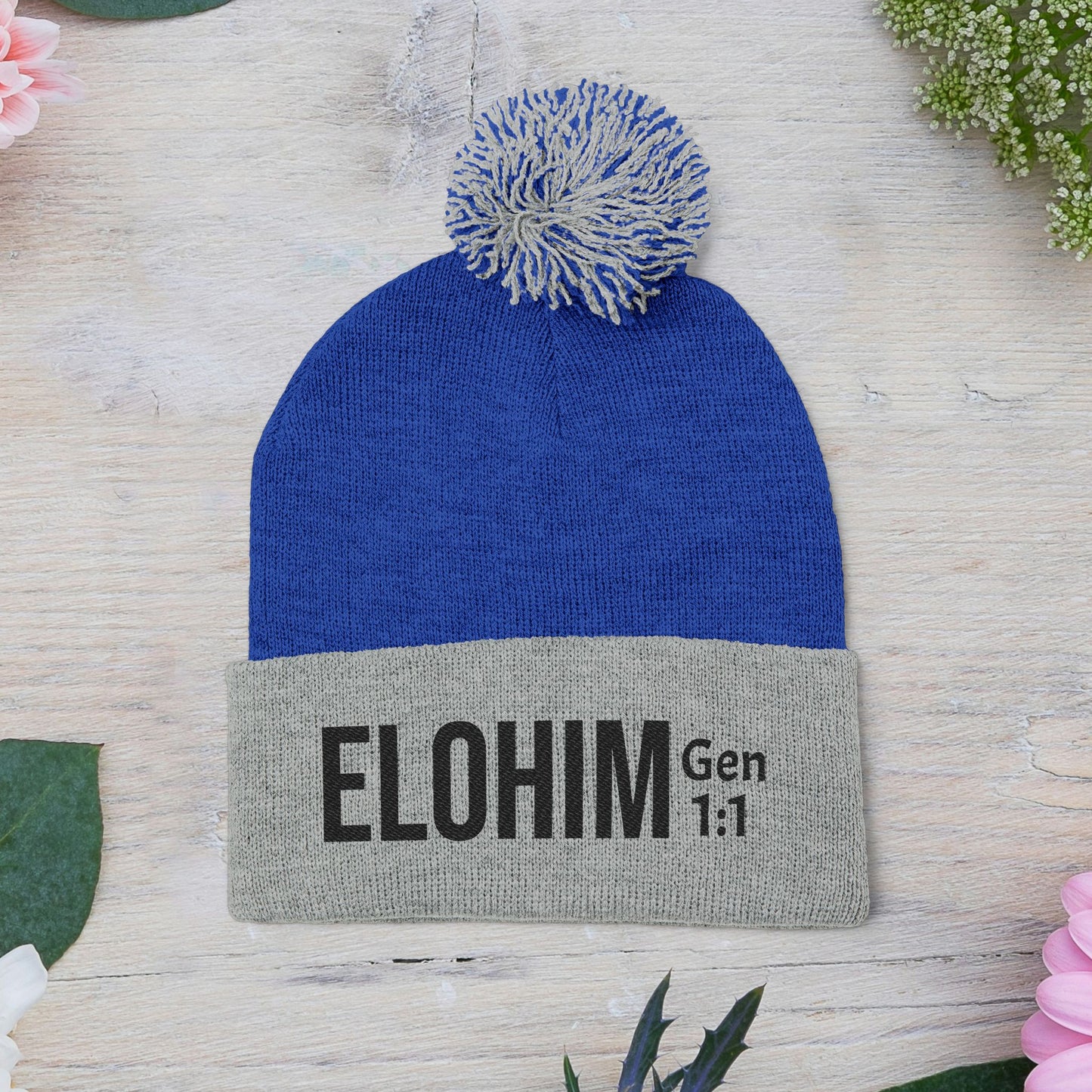 Cozy Pom-Pom Knit Cap with 'ELOHIM, GENESIS 1:1'  Embroidery Beanie - Stylish Winter Accessory for All Ages, Perfect Gift for Birthdays, Holidays, and Outdoor Activities