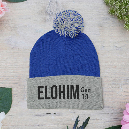 Cozy Pom-Pom Knit Cap with 'ELOHIM, GENESIS 1:1'  Embroidery Beanie - Stylish Winter Accessory for All Ages, Perfect Gift for Birthdays, Holidays, and Outdoor Activities