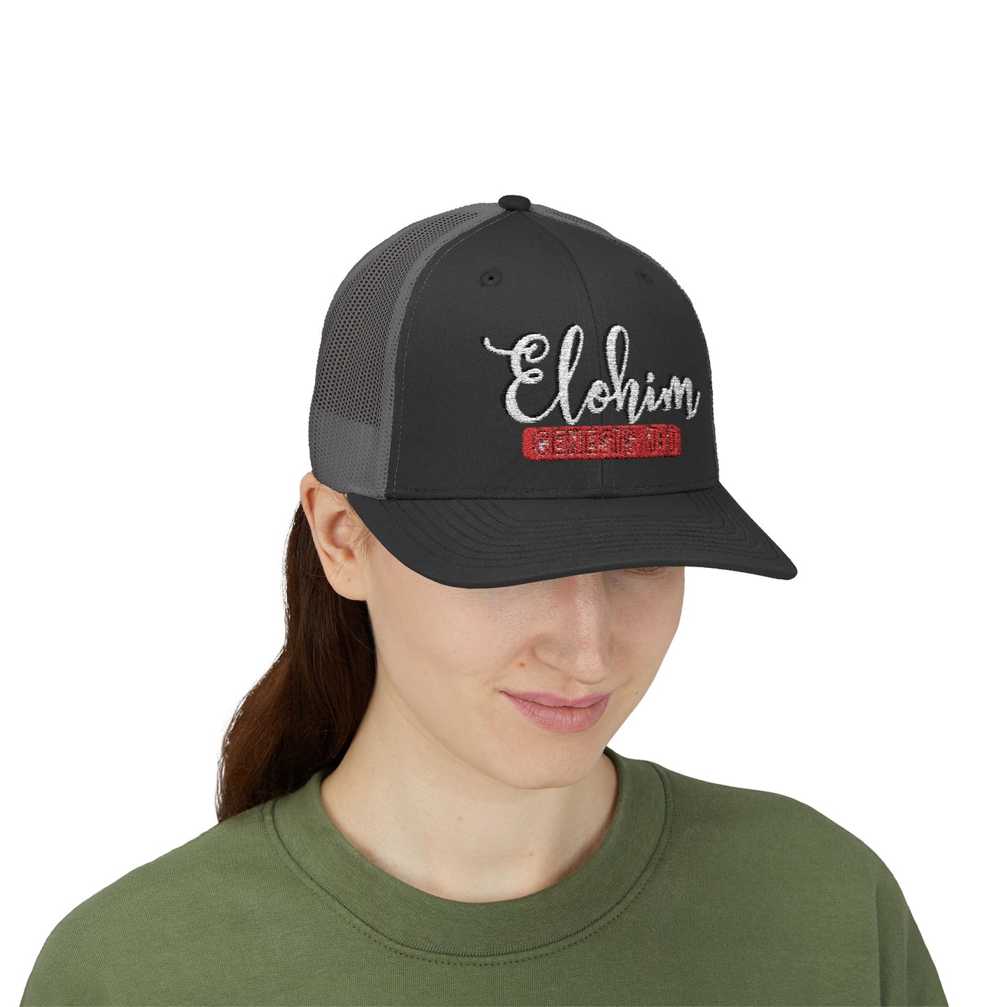 Script Embroidery ''Elohim'' Faith Snapback Trucker Cap - Religious Hat, Stylish Accessory, Gift for Believers, Casual Wear, Outdoor Events, Faith-Based, Name of GOD.