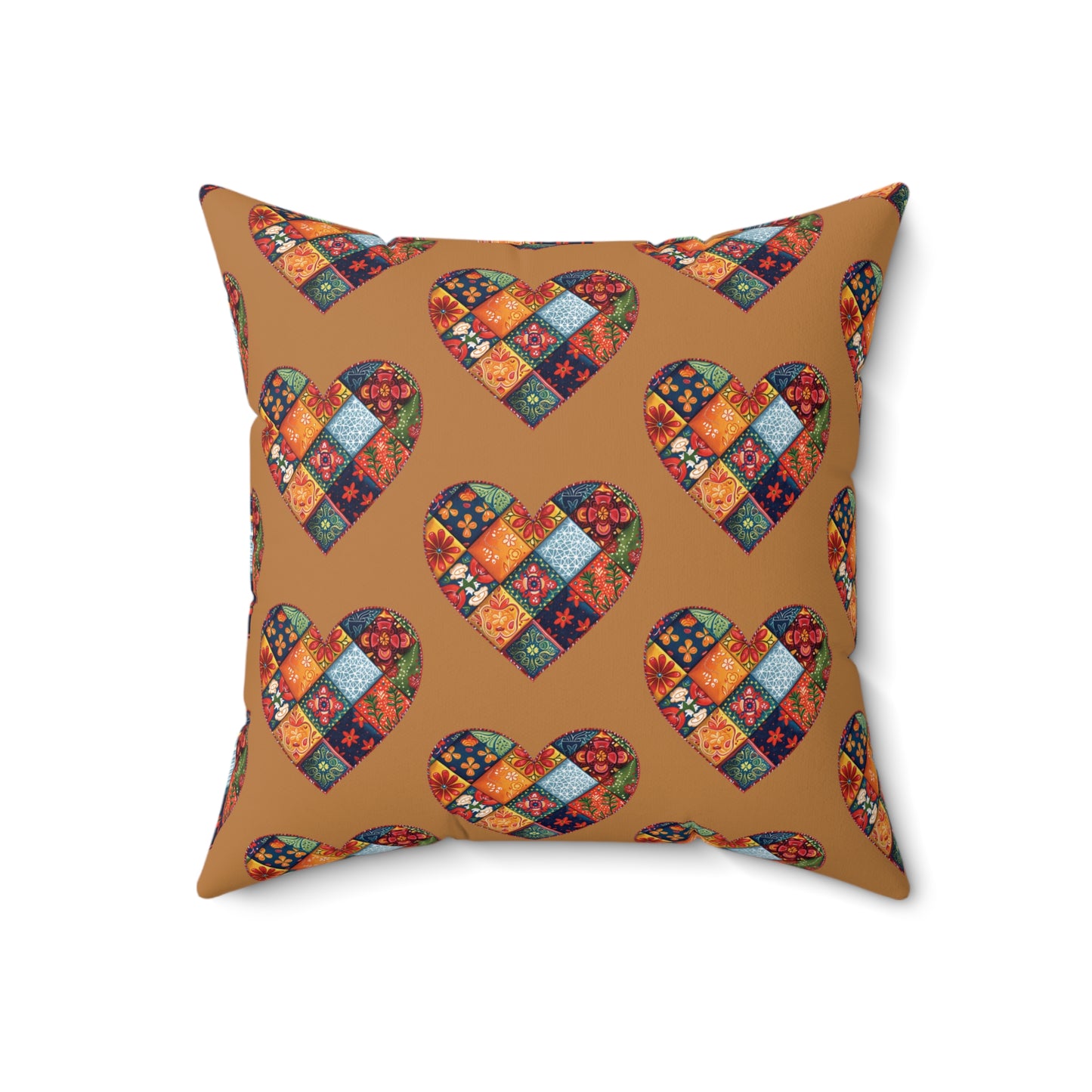 Brown Patchwork Heart Spun Polyester Square Pillow