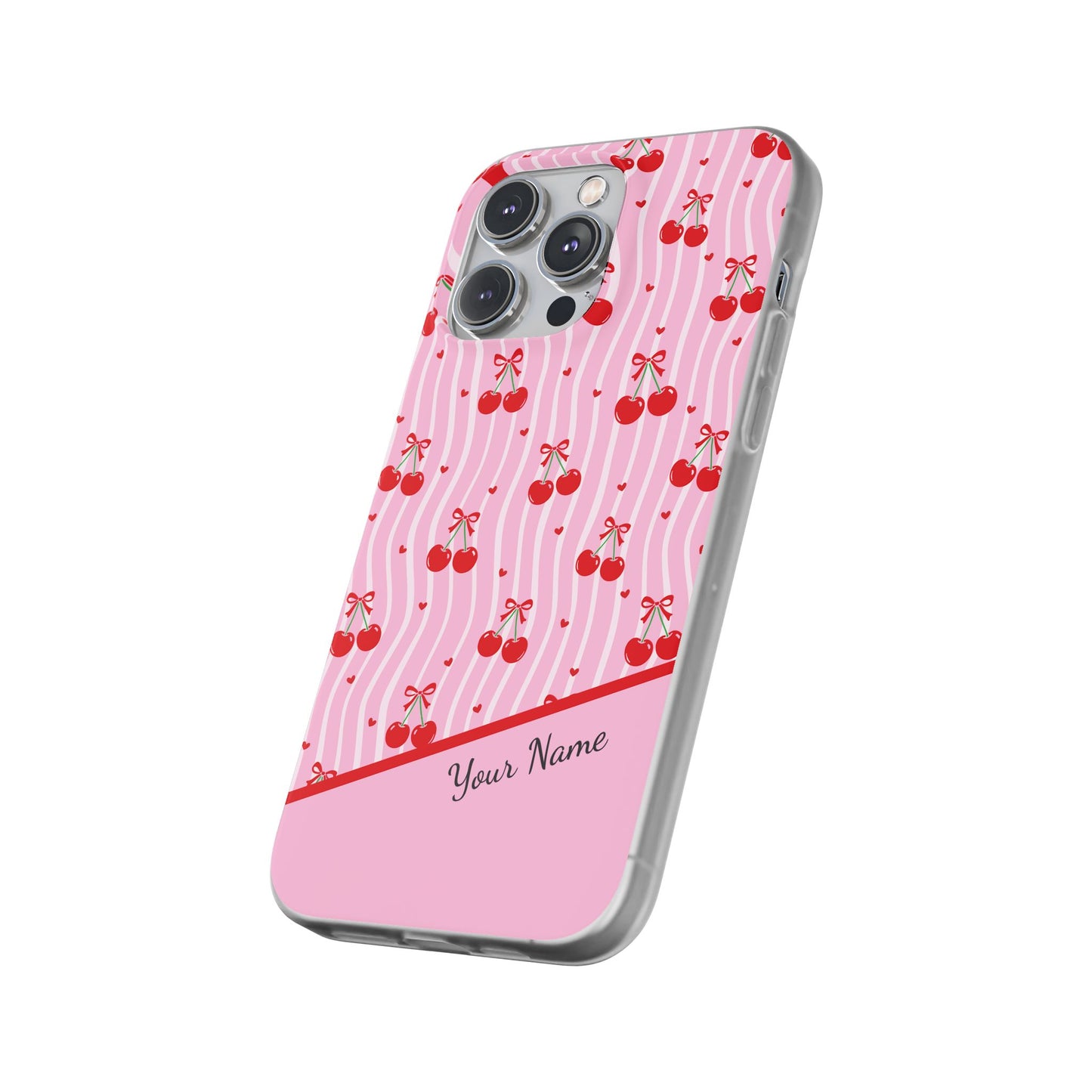 Personalized Cherry Blossom Dreams Flexi Case — Pink Retro Cherry iPhone® 7/8, 11, 12, 13, 14, 15, 16, 17, X/XS, SE, XR, Mini, Pro, Pro Max, Plus Cases.