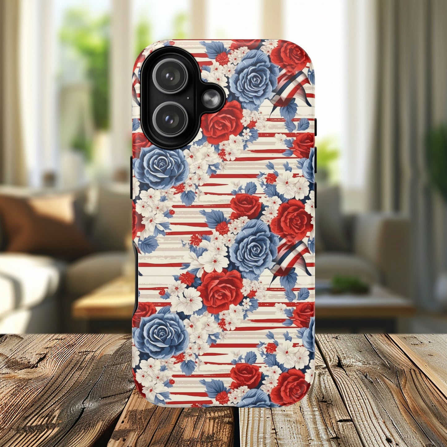 Floral Freedom Tough iPhone Magnetic Case, Red Blue Flower Design,  iPhone MagSafe® compatibility Cover, Best Gift for Her, Holiday Present