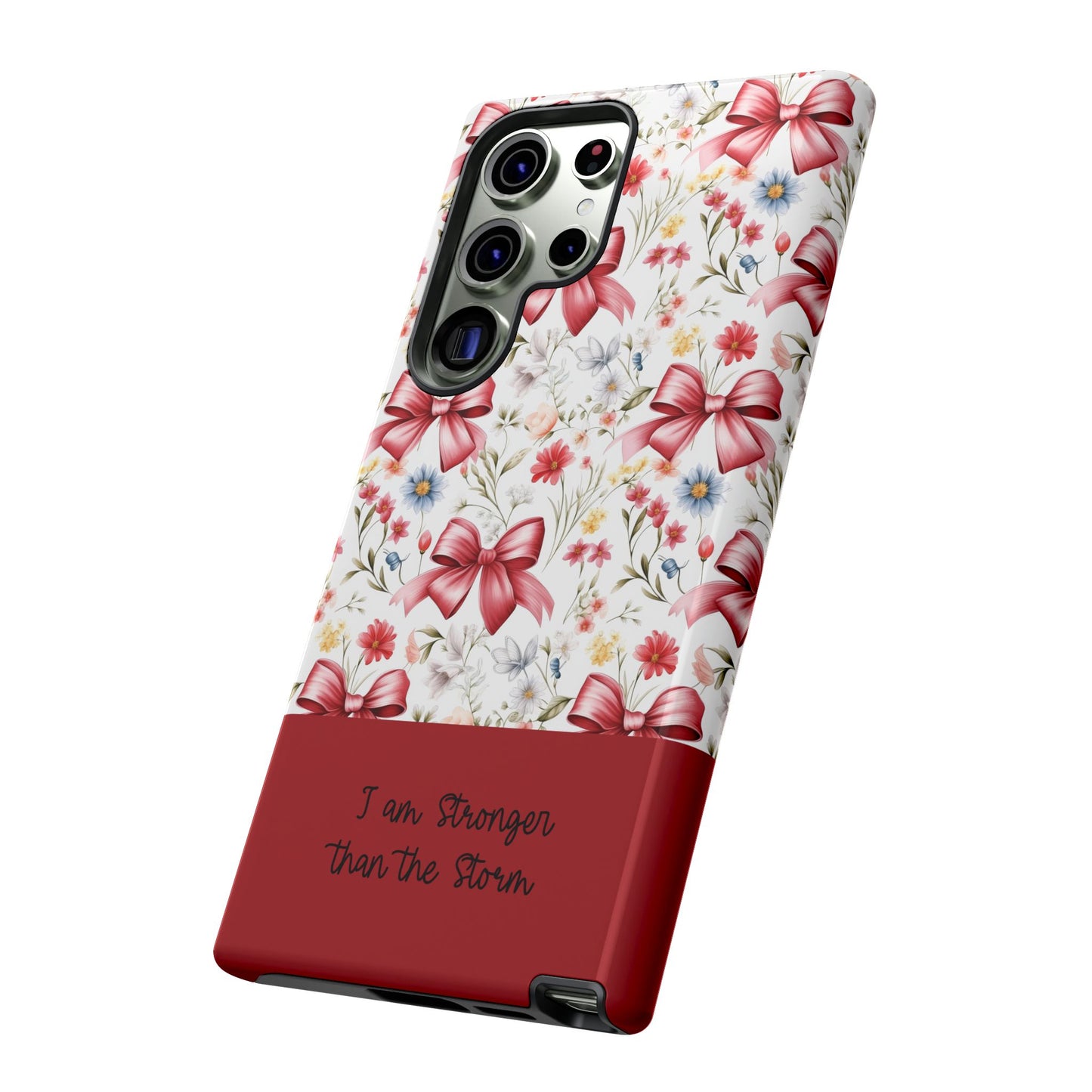 Personalized Rosette Coquette Phone Case - Custom Name/Message 'I Am Stronger Than The Storm' Floral Bow Protective Case