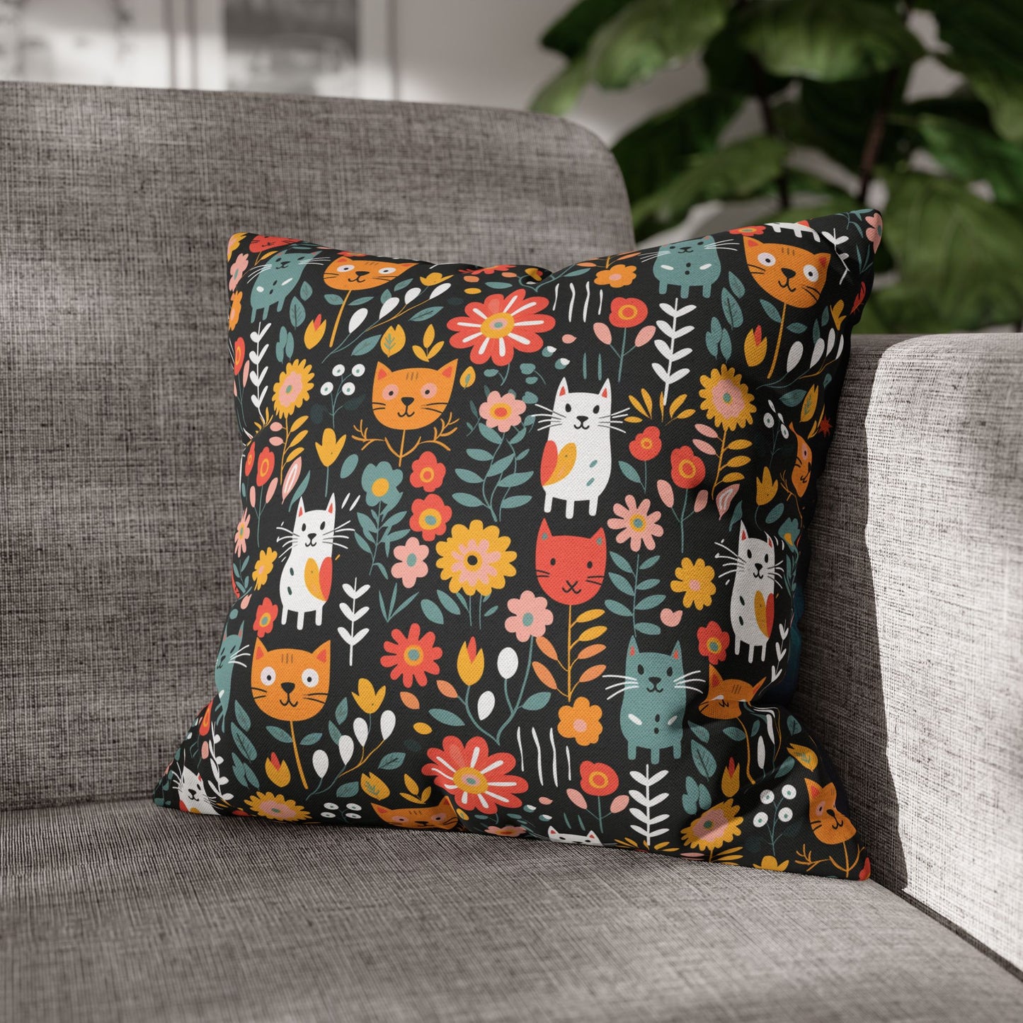 Whimsical Feline Garden Spun Polyester Square Pillow