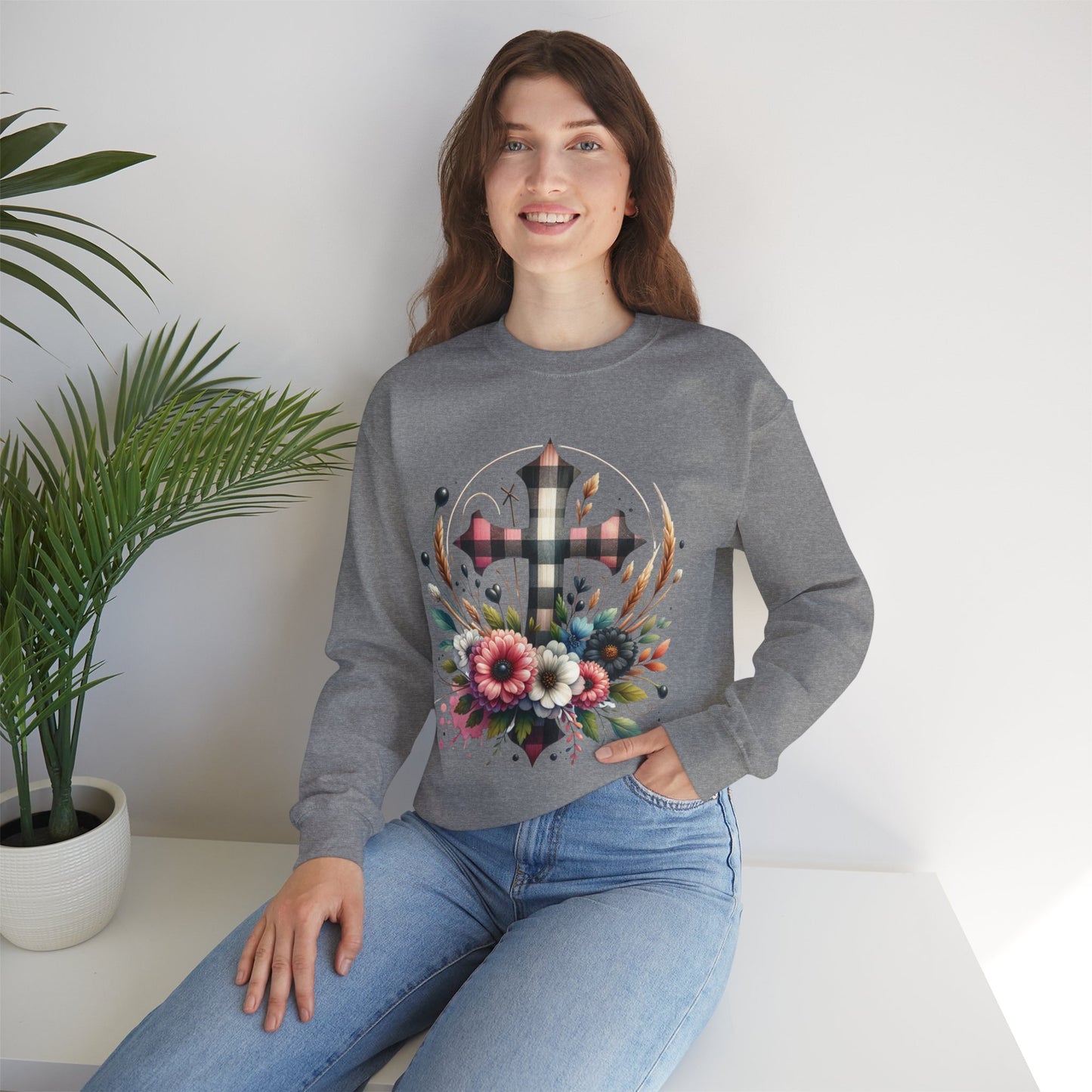 Faith and Floral Cross Unisex Heavy Gildan Blend™ Crewneck Sweatshirt.