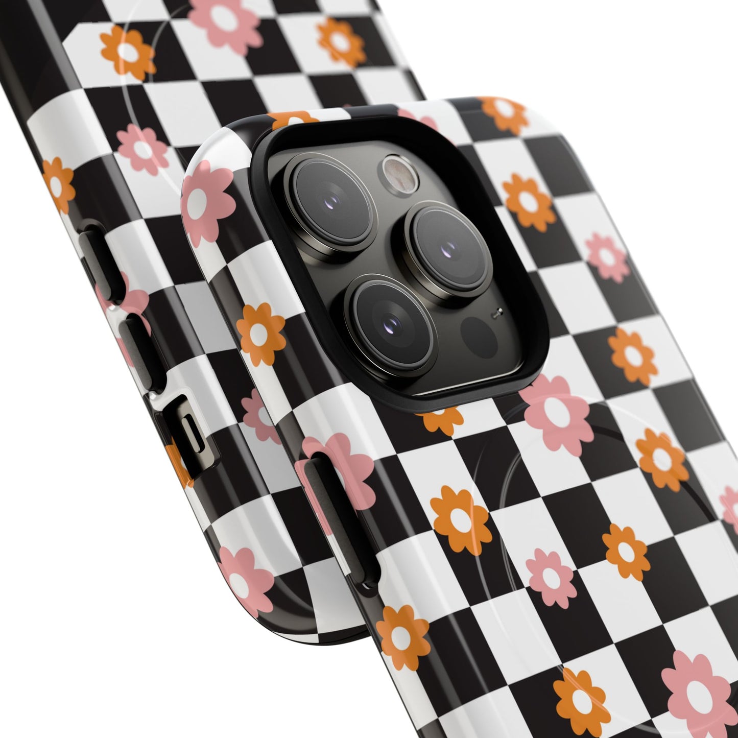 Groovy Checkered Bloom iPhone Case, Tough Magnetic Cases for Women, Stylish iPhone Cover, Trendy Floral Print, Gift for Her, Everyday Accessories