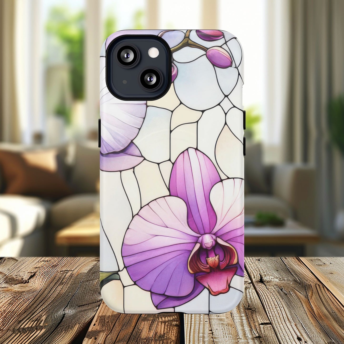 Orchid Grace Tough iPhone Magnetic Case, Protective iPhone Cover, Trendy Stained Glass Design, Floral Gift, Unique iPhone Accessory, Durable iPhone Case