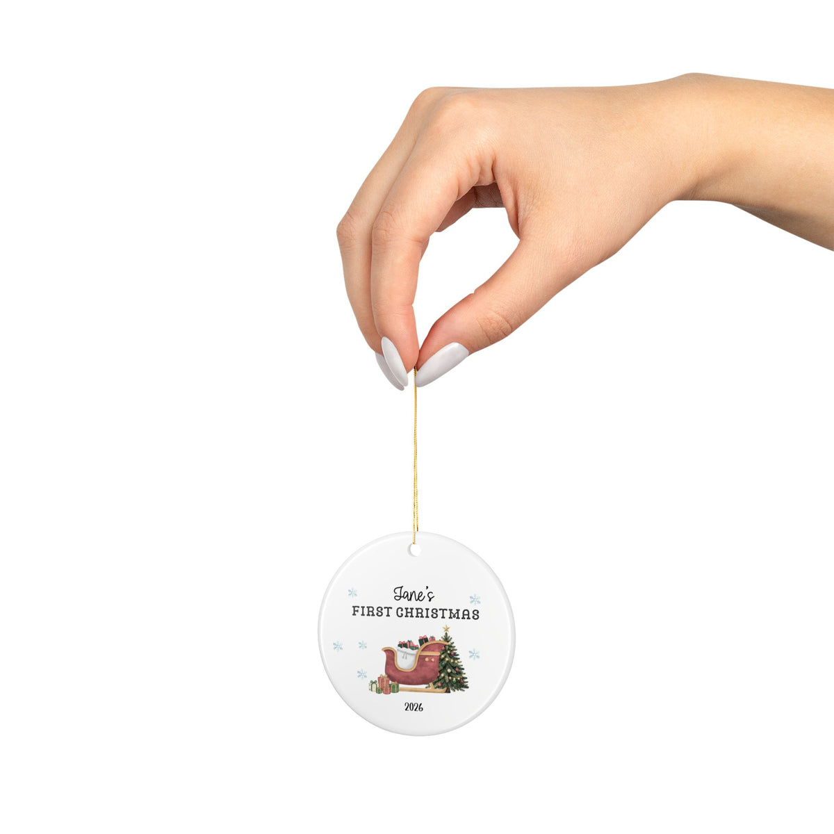 Baby's First Christmas Ornament — Personalized 2026 Ceramic Ornament with Sleigh & Tree