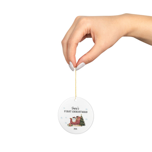 Baby's First Christmas Ornament — Personalized 2026 Ceramic Ornament with Sleigh & Tree
