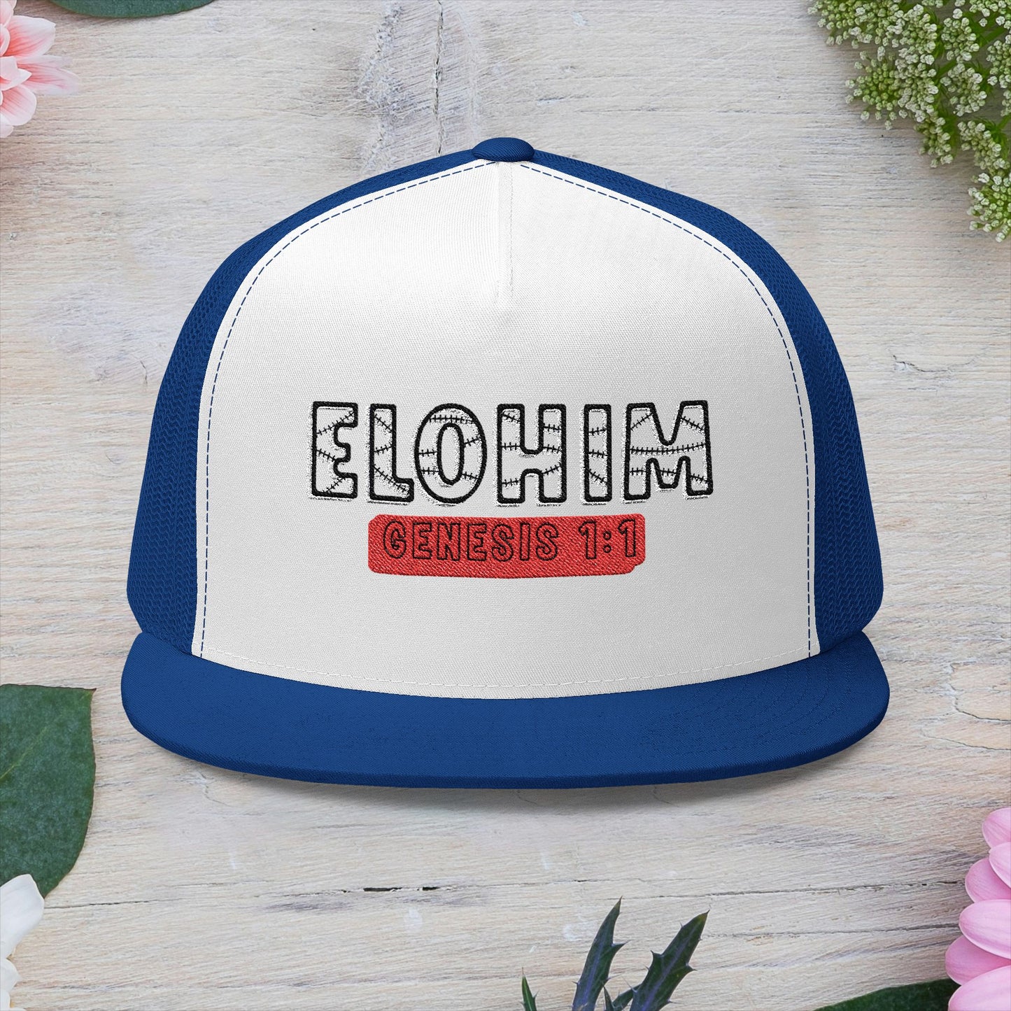 'ELOHIM, GENESIS 1:1'  Embroidered 5 Panel Trucker Cap | Casual Style Hat, Adjustable, Unisex, Perfect Gift for Outdoors, Festivals, Daily Wear