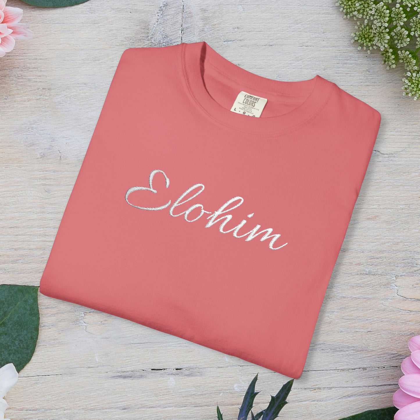 Embroidery 'ELOHIM, GENESIS 1:1' - Faith-Based Unisex Garment-Dyed Comfort Colors T-shirt, Faith Gift Tee, Religious Tee, Embroidery Tee.