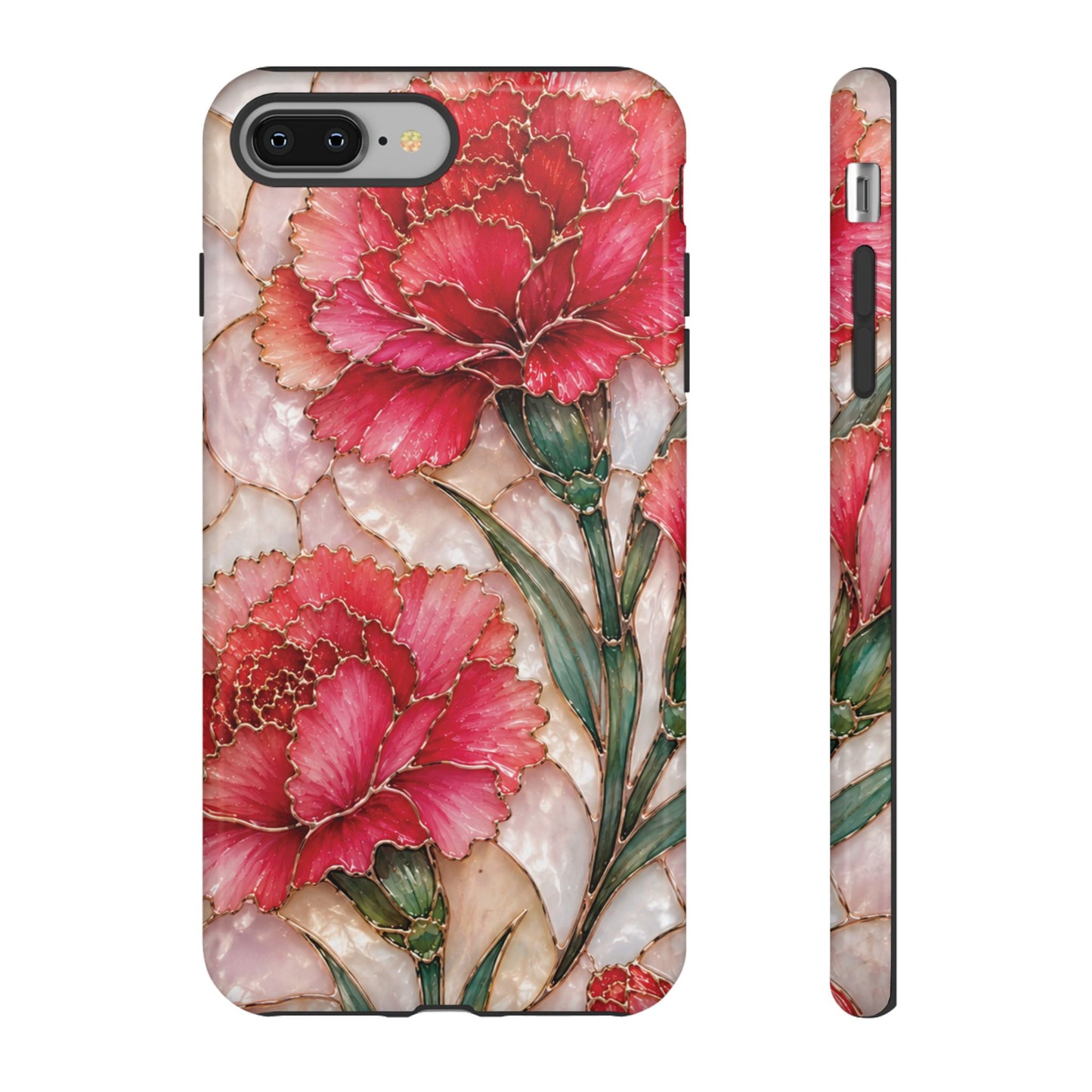 Stained Glass Effect Carnation Floral Tough Phone Case – Pink Vintage Botanical Protective Cover