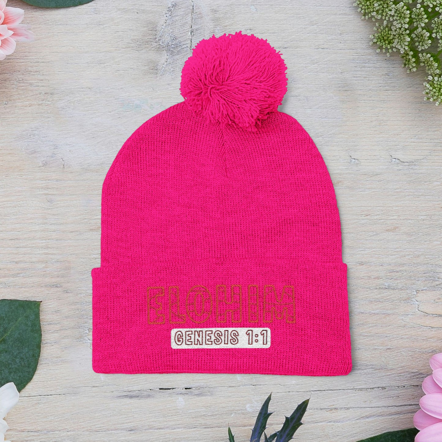 Red Pom-Pom Knit Cap with 'ELOHIM, GENESIS 1:1'  Embroidery Beanie - Stylish Winter Accessory for All Ages, Perfect Gift for Birthdays, Holidays, and Outdoor Activities