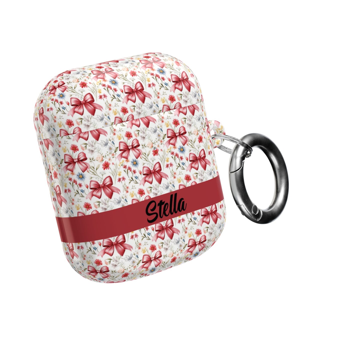 Personalized Rosette Coquette Floral AirPods Pro Gen 1, 2 and Airpods Gen 1, 2, 3, 4 Case — Red Bow Pattern with Custom Name Text.