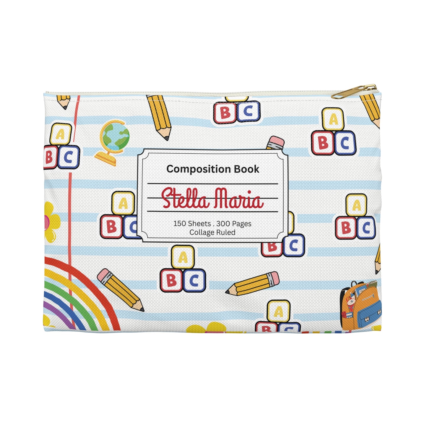 Personalized White SchoolYard Chic Composition Book Inspired Accessory Pouch, Kids School Supplies, Classroom Organizer, Teacher Gift, Fun Stationery Case, Back to School
