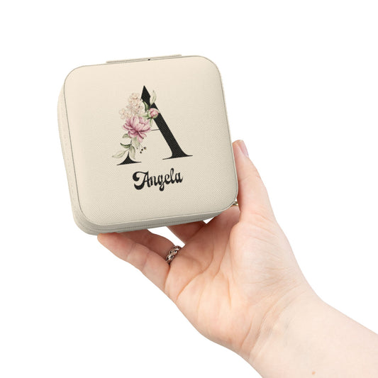 Personalized Floral Monogram Jewelry Travel Case — Compact Pink Ring & Earring Organizer (Custom Name)