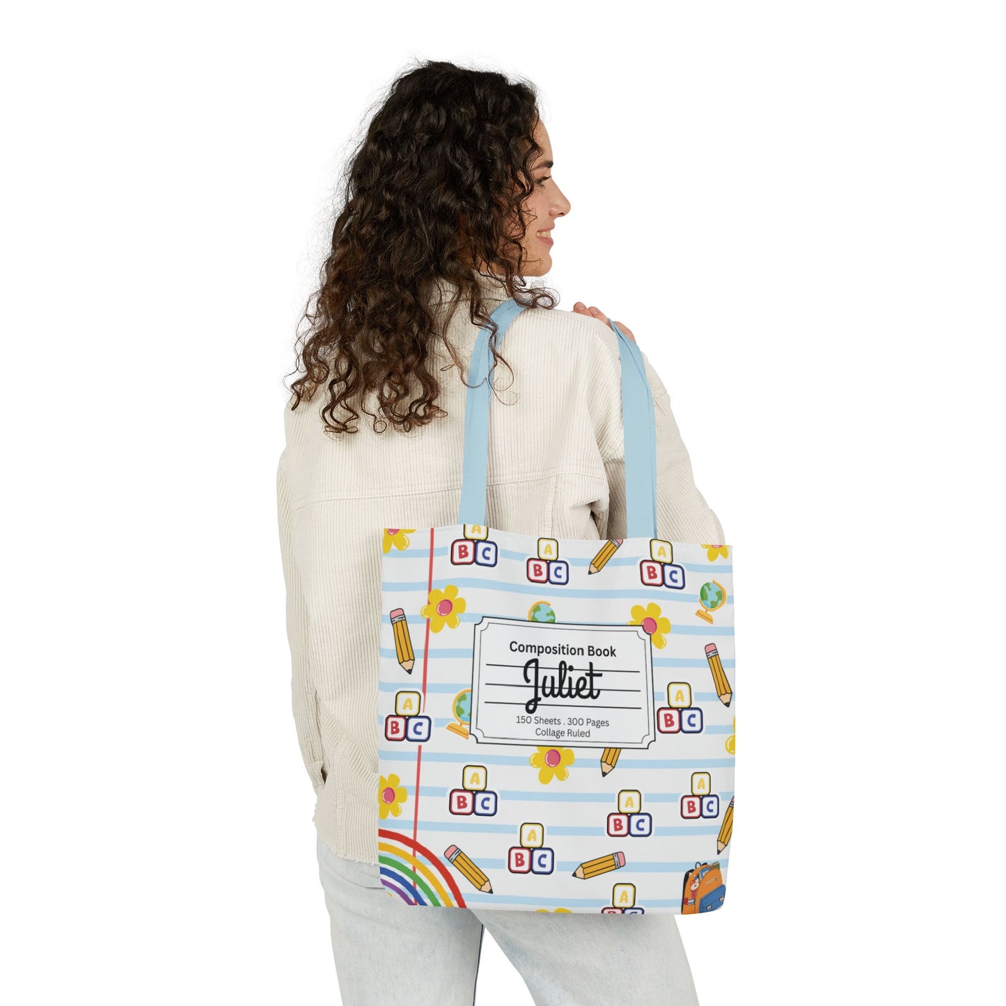 Personalized White Schoolyard Chic Composition Book Inspired Canvas Tote Bag with Colorful Straps, Cute School Bag, Eco-Friendly Tote, Back to School Shopping Bag, Teacher Gift Idea