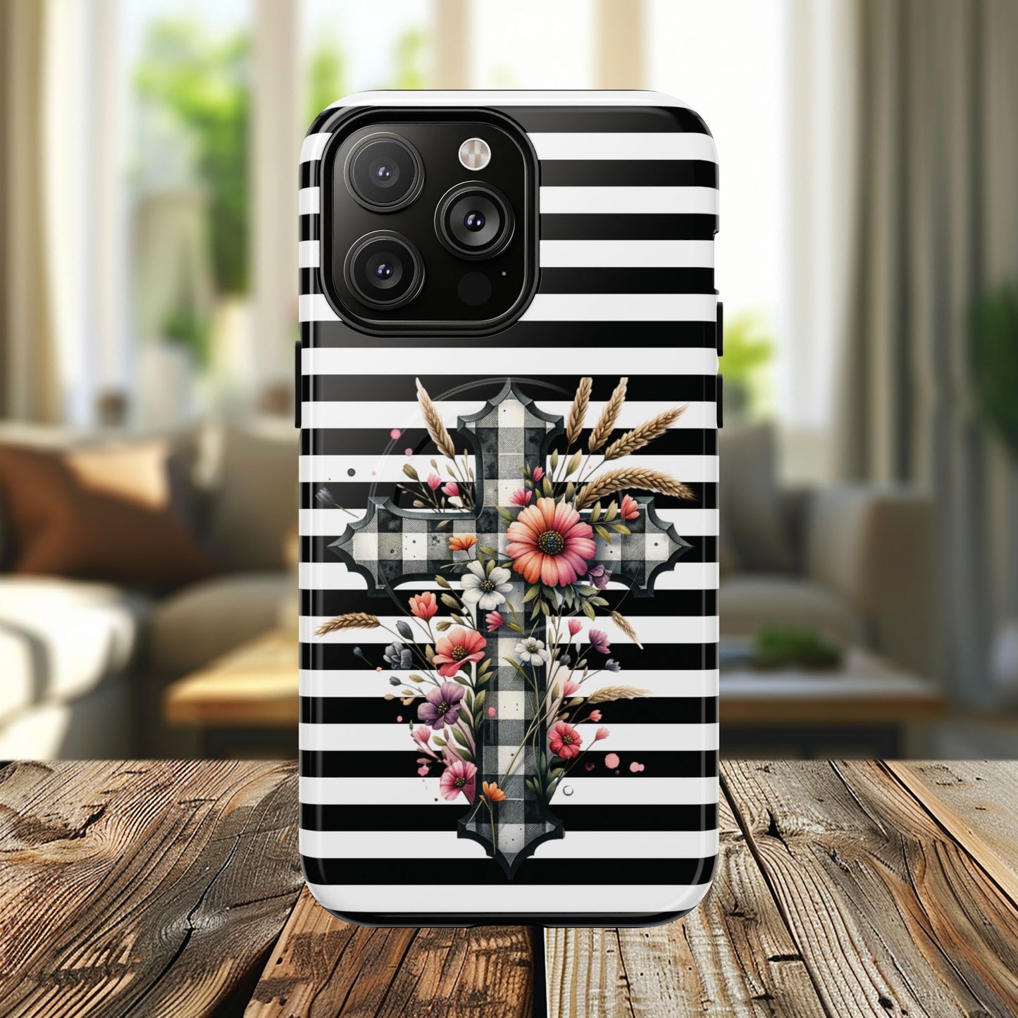 Grace in Bloom Tough Magnetic iPhone Case with Floral Cross Design, Boho iPhone Cover, Striped iPhone Case, Unique Religious Gift, Trendy Cell iPhone Accessory.
