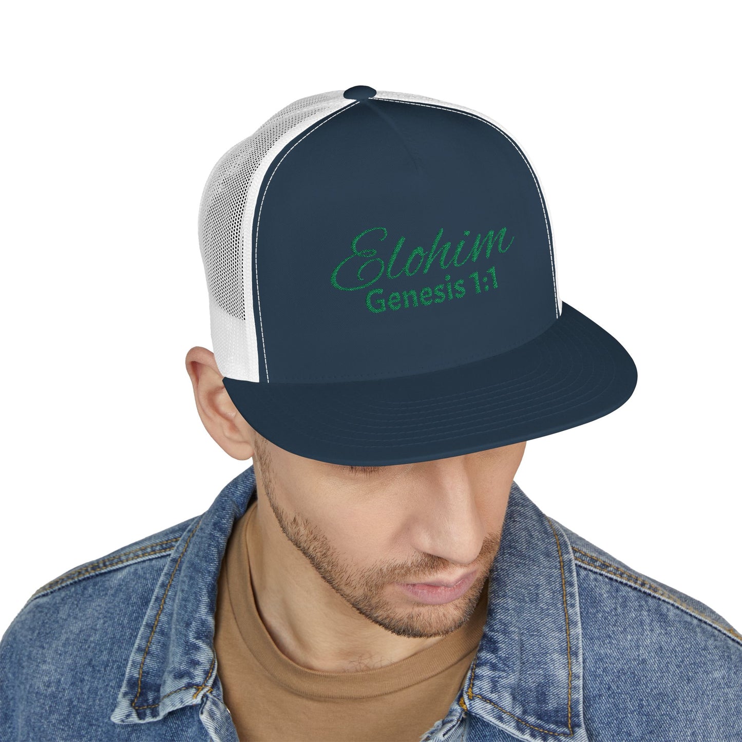 Green 'ELOHIM, GENESIS 1:1'  Embroidered 5 Panel Trucker Cap | Casual Style Hat, Adjustable, Unisex, Perfect Gift for Outdoors, Festivals, Daily Wear