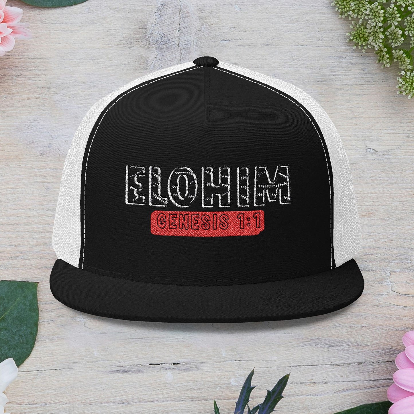 'ELOHIM, GENESIS 1:1'  Embroidered 5 Panel Trucker Cap | Casual Style Hat, Adjustable, Unisex, Perfect Gift for Outdoors, Festivals, Daily Wear