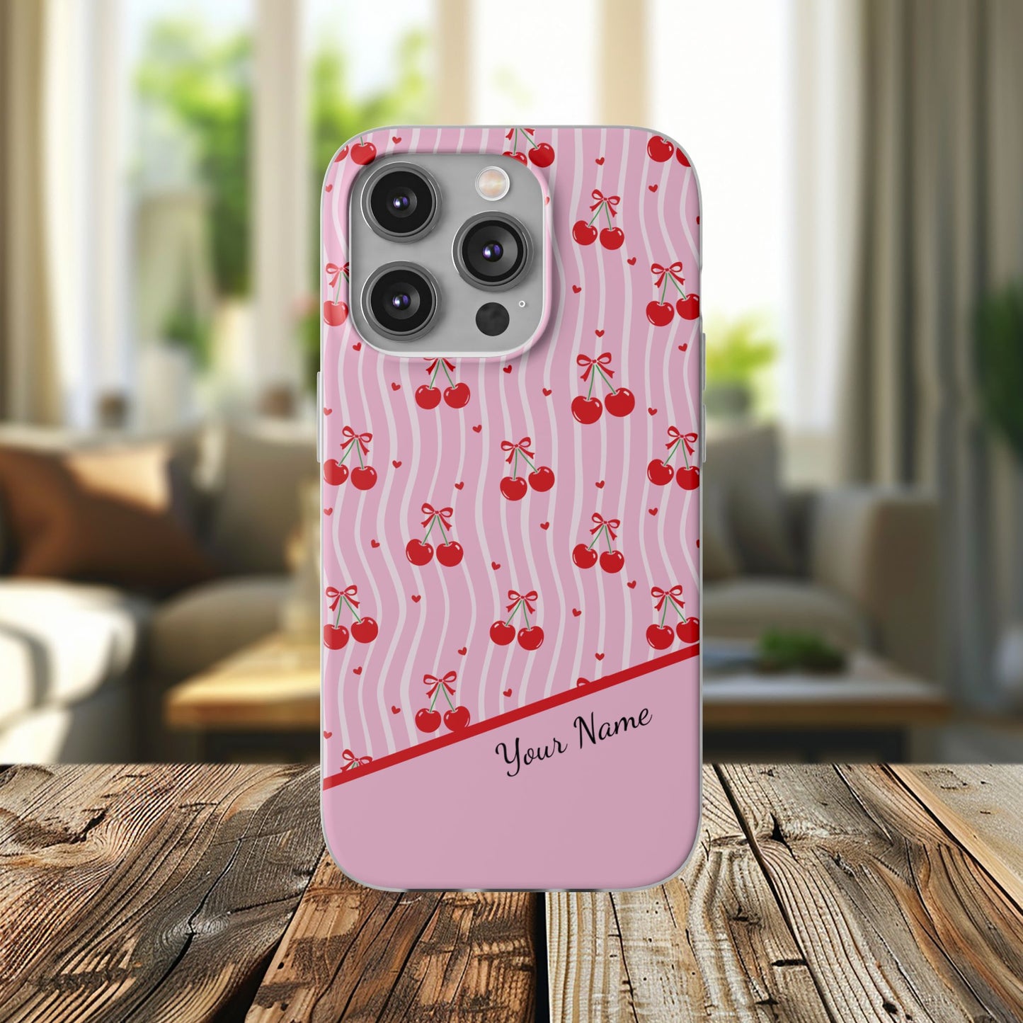 Personalized Cherry Blossom Dreams Flexi Case — Pink Retro Cherry iPhone® 7/8, 11, 12, 13, 14, 15, 16, 17, X/XS, SE, XR, Mini, Pro, Pro Max, Plus Cases.