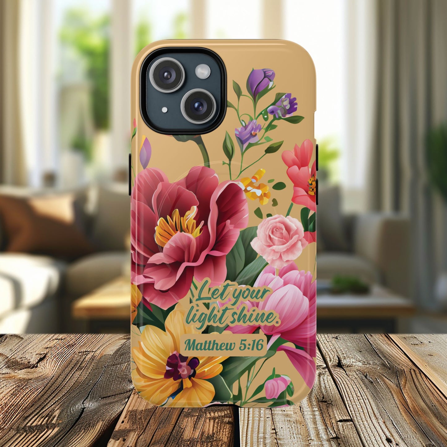 Let your Light Shine Matthew 5:16, Inspirational Gift, Tough iPhone Magnetic Case Scripture, Floral Bible Verse, MagSafe® iPhone® Tough Case, iPhone 14, iPhone 15, iPhone 16, Pro, Pro Max, Plus.