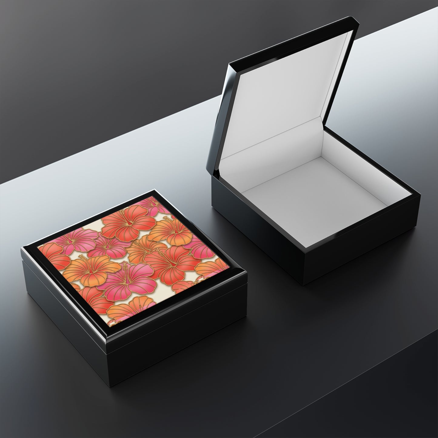 Hibiscus Floral Jewelry Box – Tropical Orange & Pink Keepsake Box