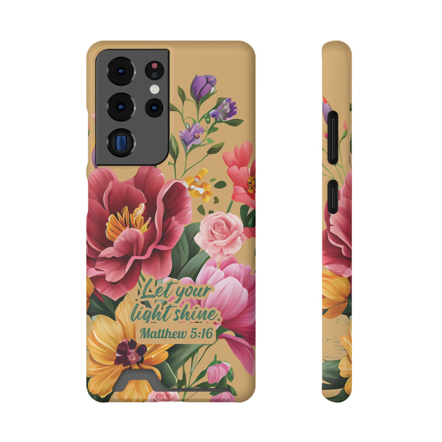 Floral Bible Verse Phone Case with Card Holder — "Let Your Light Shine" (Matthew 5:16)