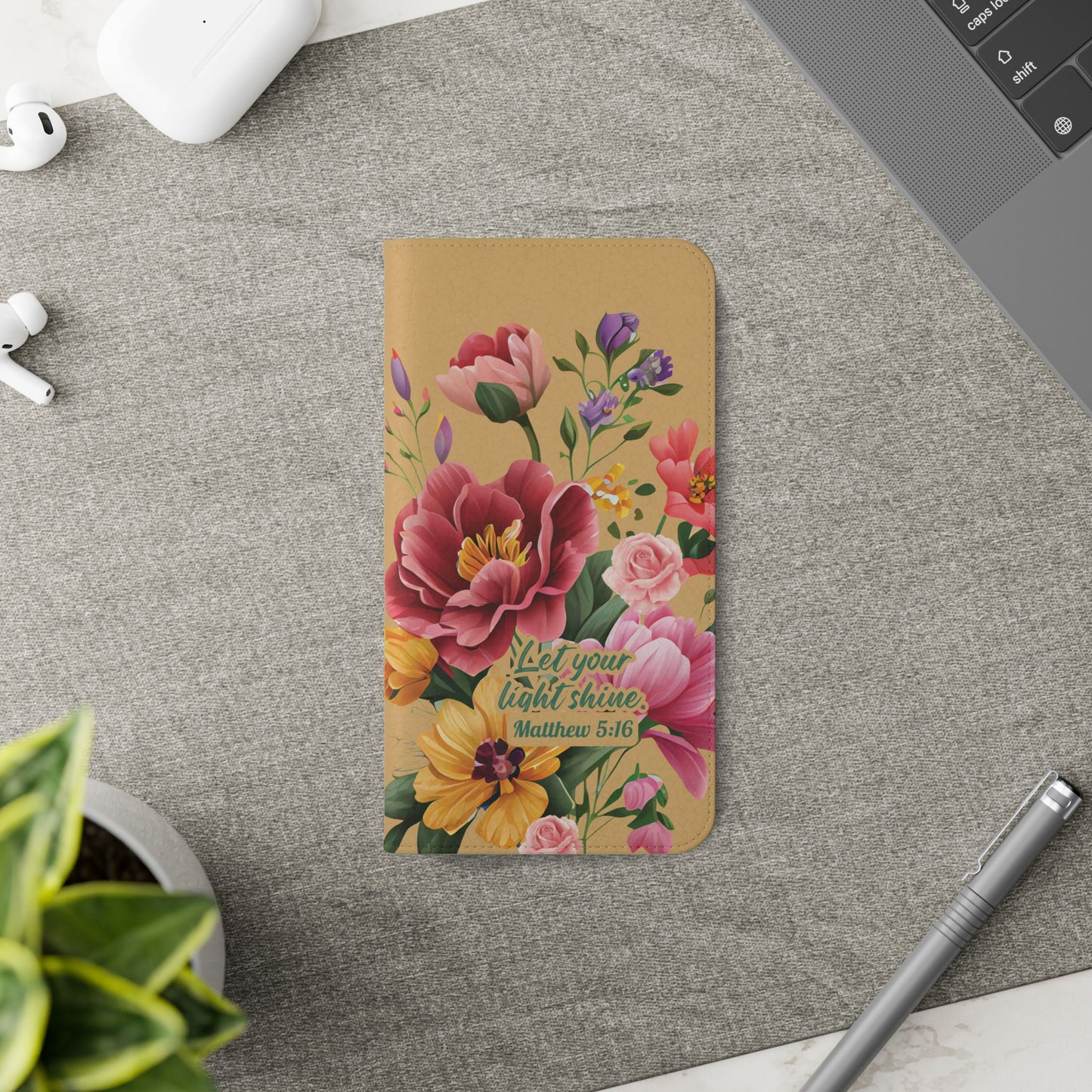 Floral Scripture Flip Case — "Let Your Light Shine" Wallet Phone Cover (Matthew 5:16)