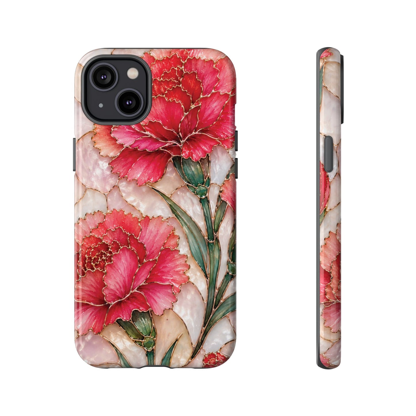 Stained Glass Effect Carnation Floral Tough Phone Case – Pink Vintage Botanical Protective Cover