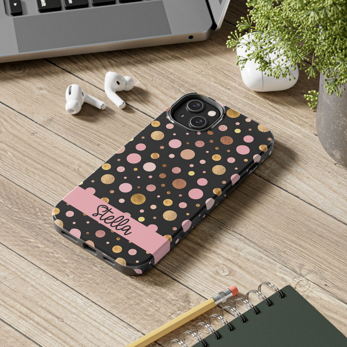Personalized Gold & Pink Confetti Tough Phone Case — Glitter Dot Protective Phone Cover