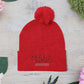 Red Pom-Pom Knit Cap with 'ELOHIM, GENESIS 1:1'  Embroidery Beanie - Stylish Winter Accessory for All Ages, Perfect Gift for Birthdays, Holidays, and Outdoor Activities