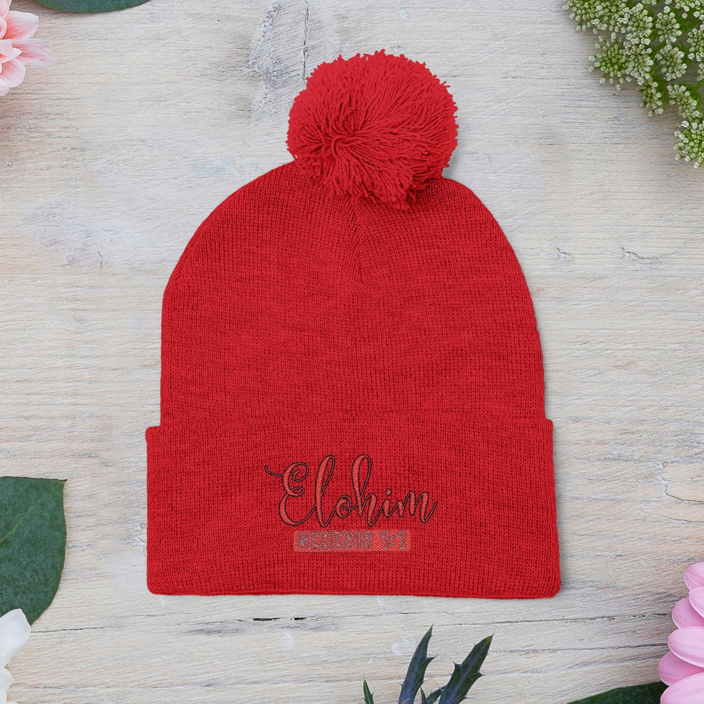 Red Pom-Pom Knit Cap with 'ELOHIM, GENESIS 1:1'  Embroidery Beanie - Stylish Winter Accessory for All Ages, Perfect Gift for Birthdays, Holidays, and Outdoor Activities