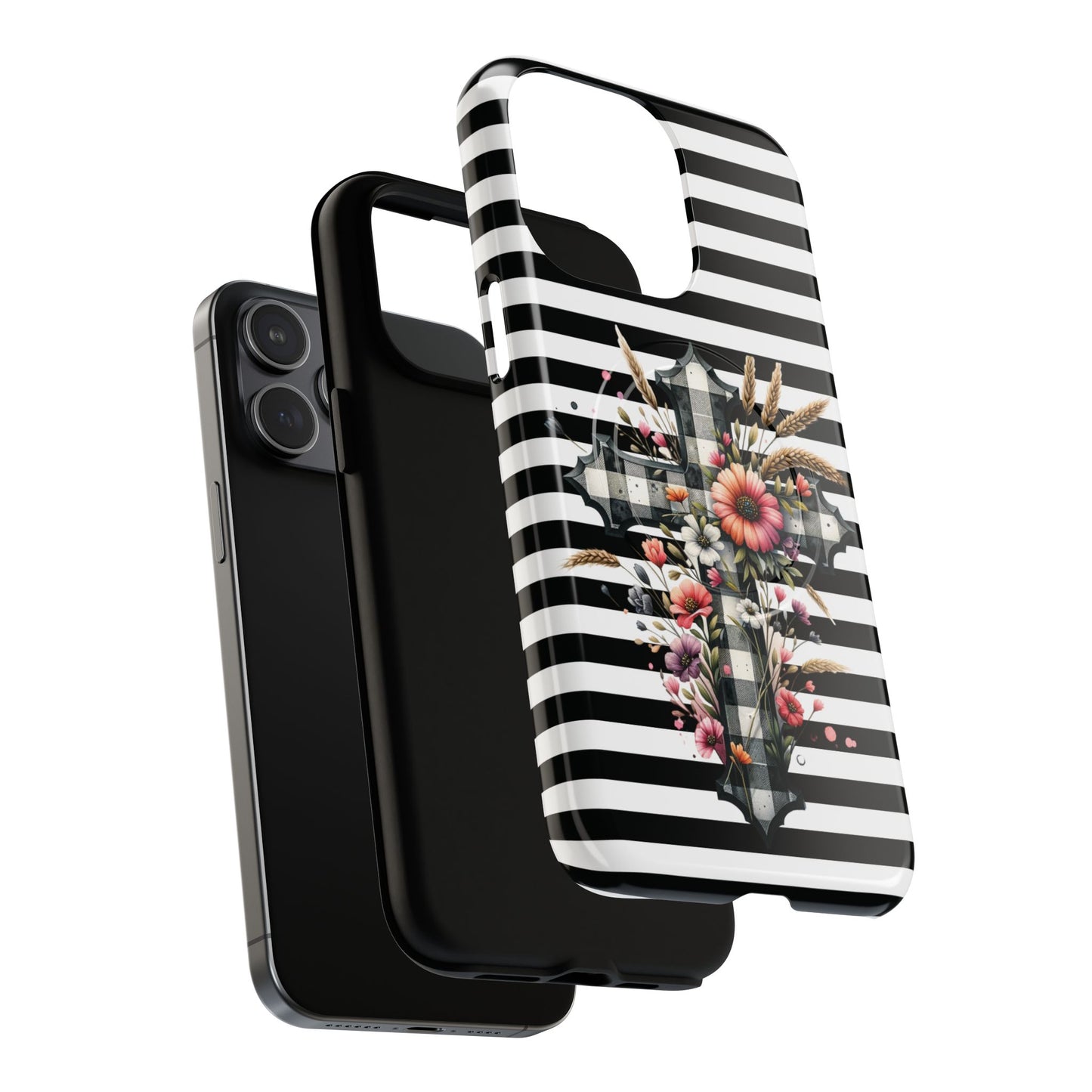 Grace in Bloom Tough Magnetic iPhone Case with Floral Cross Design, Boho iPhone Cover, Striped iPhone Case, Unique Religious Gift, Trendy Cell iPhone Accessory.