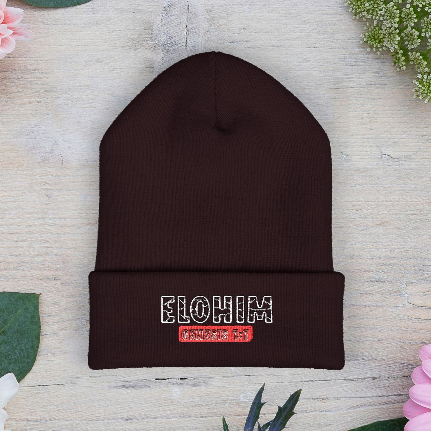 Embroidered 'ELOHIM, GENESIS 1:1' Classic Cuffed Beanie - Cozy Winter Hat, Streetwear Accessory, Personalized Gifts, Religious Apparel, Unisex Beanie