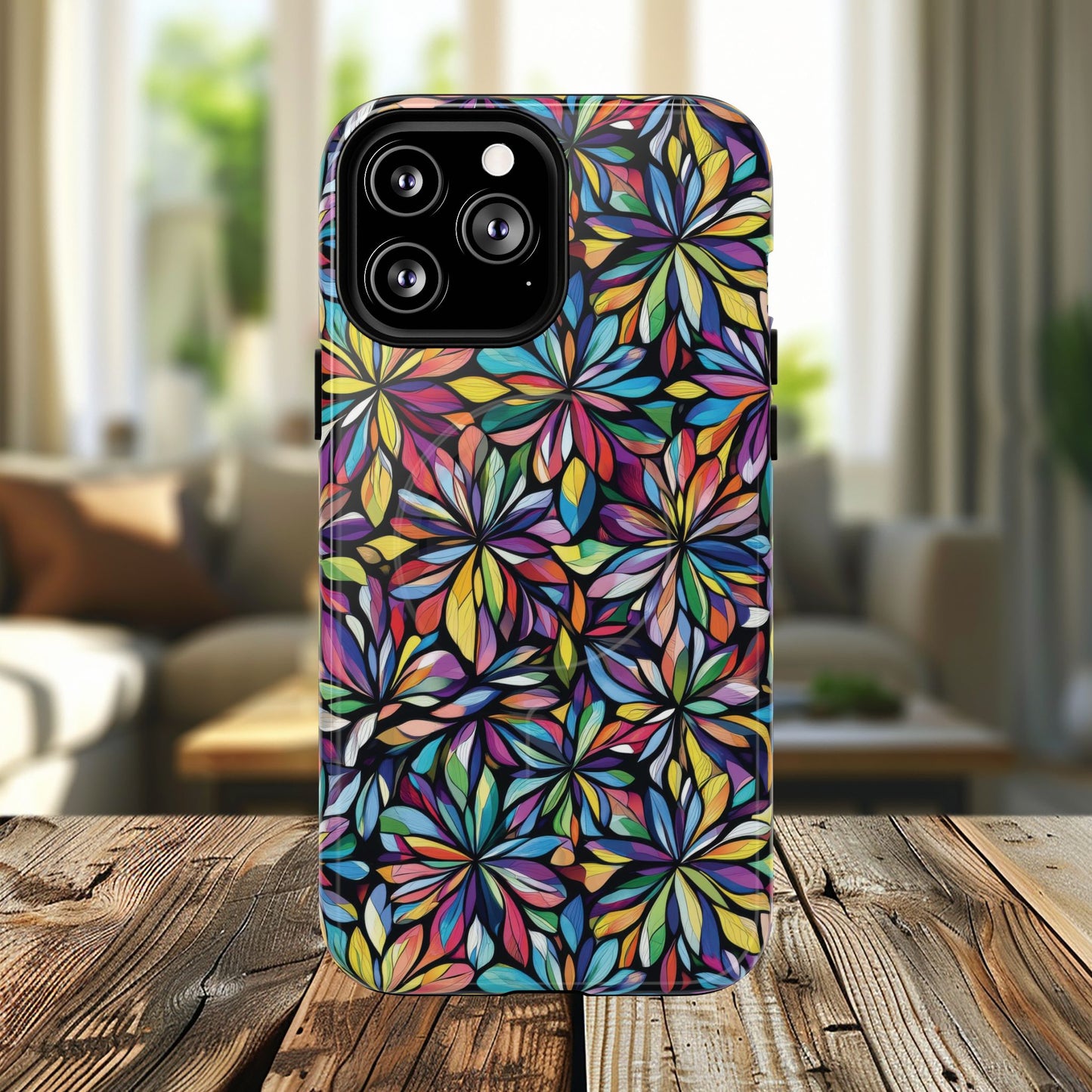 Prism Petal Burst Tough Magnetic iPhone Case, Colorful iPhone Case, Unique Gift for Flower Lovers, Stylish stained Glass Accessory
