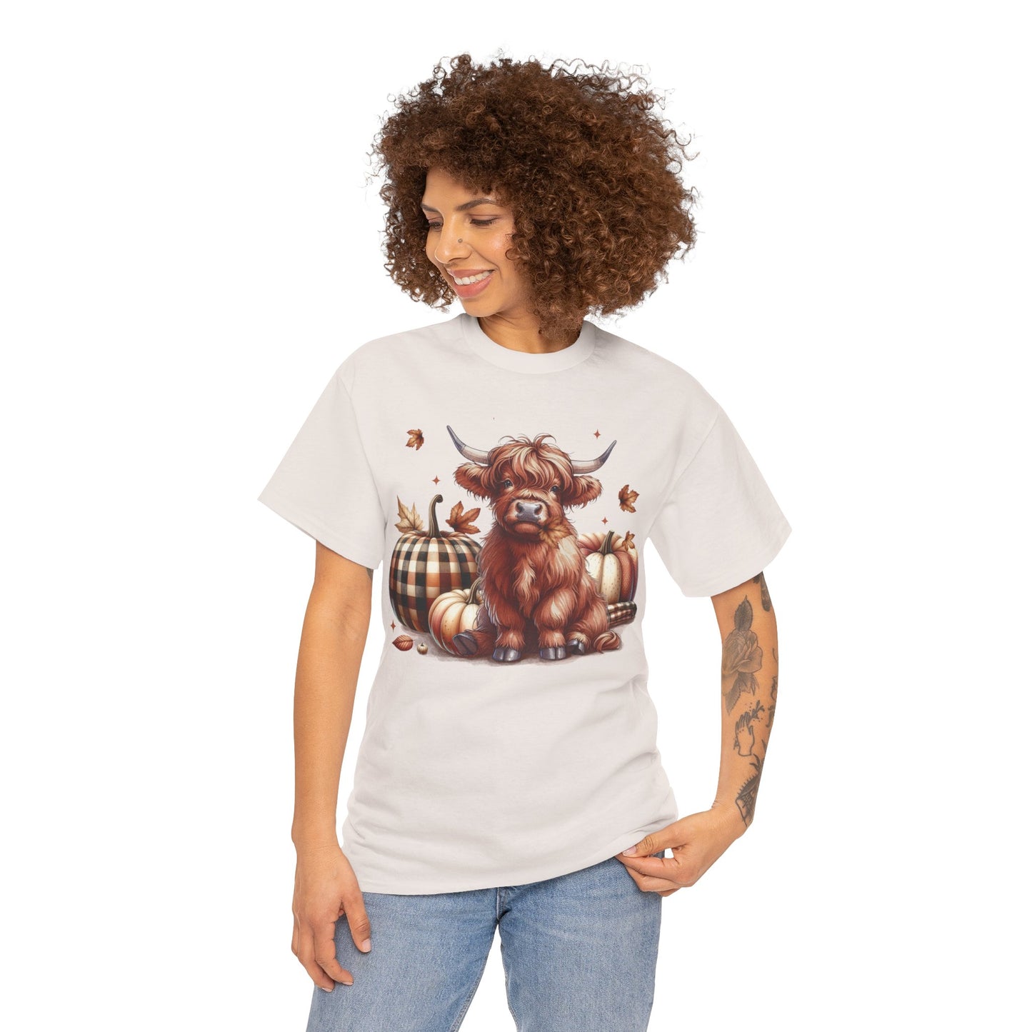 Autumn Highland Cow Charm Unisex Heavy Cotton Tee