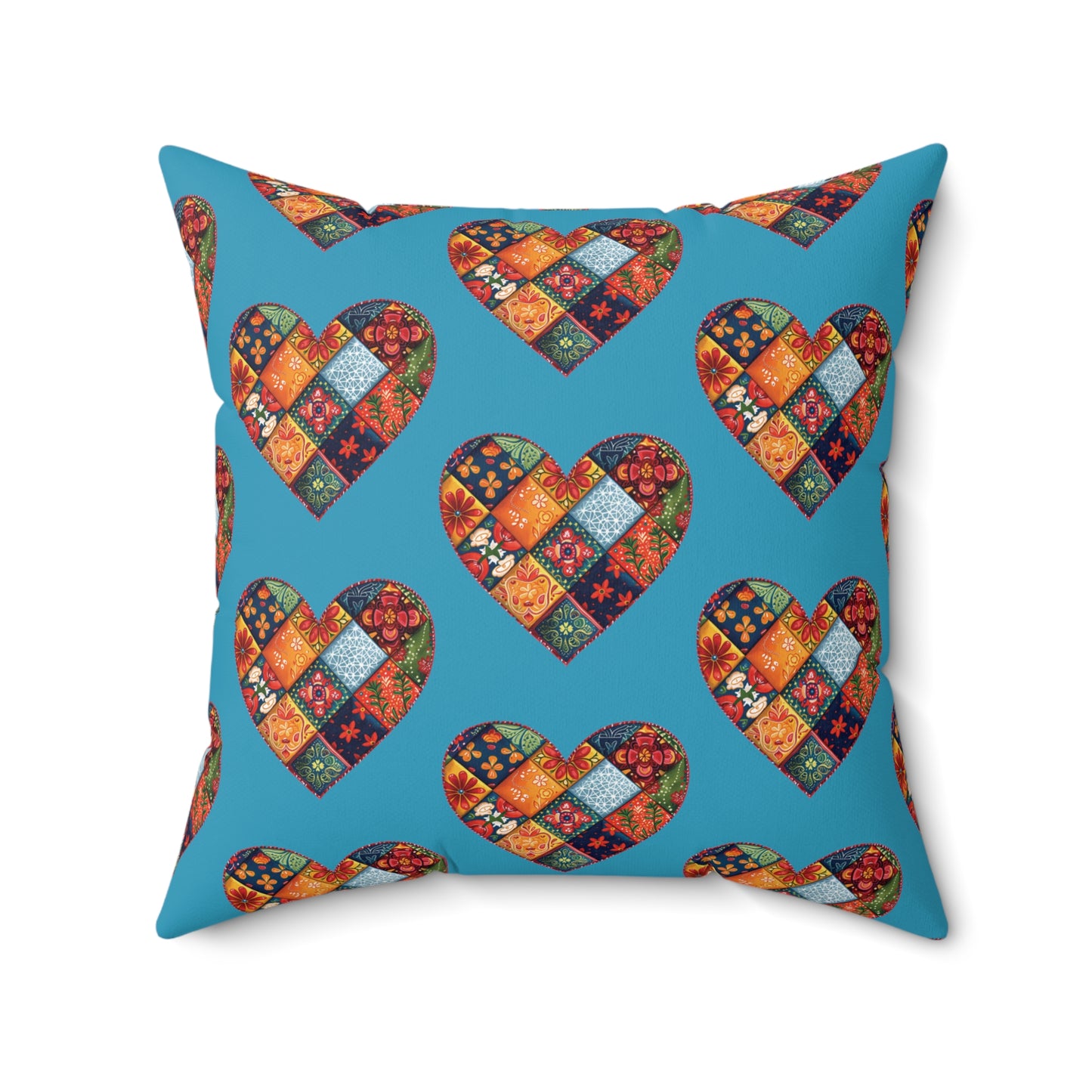 Turquoise Patchwork Heart Spun Polyester Square Pillow