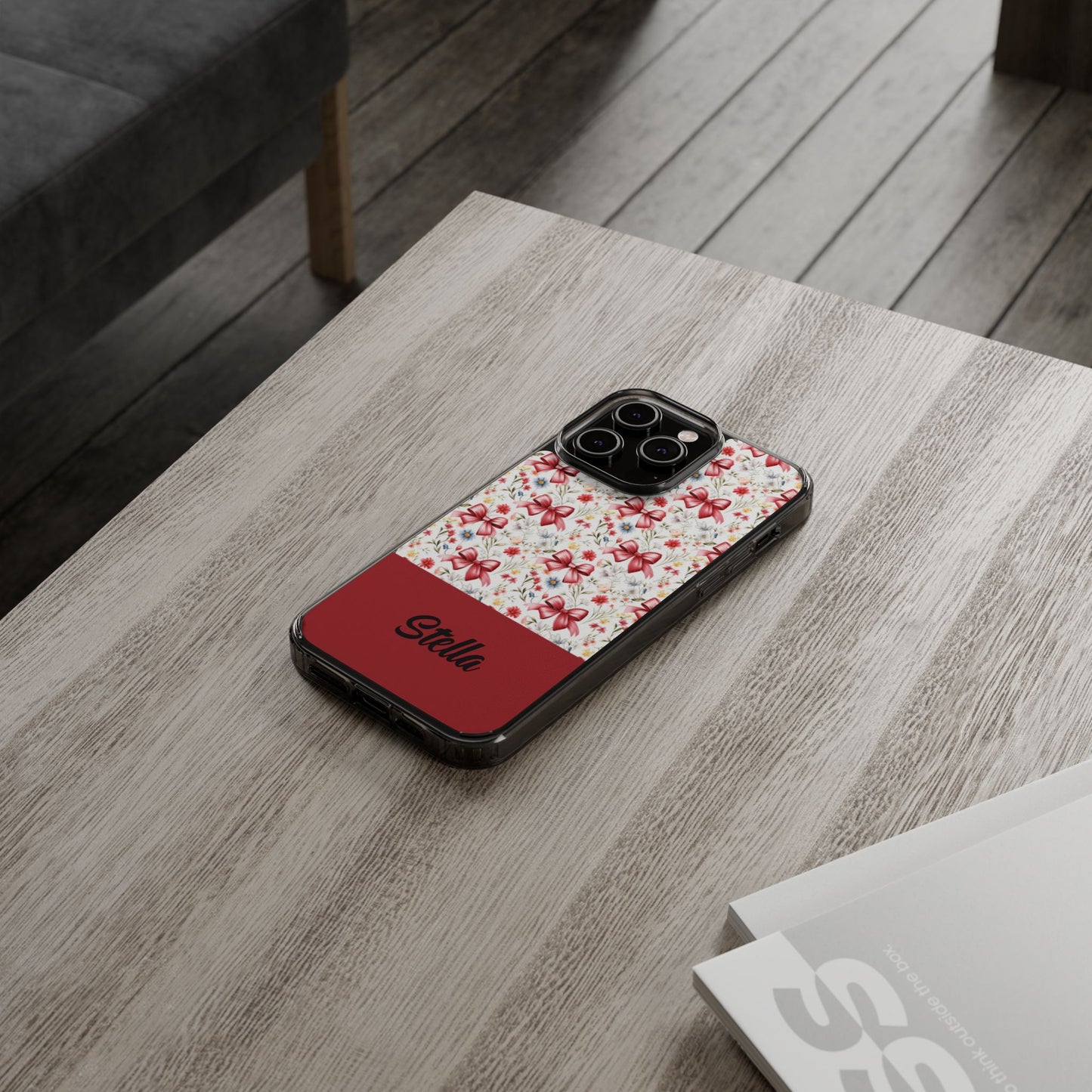 Personalized Rosette Coquette Floral Bow Clear iPhone, Samsung Cases — Custom Name Phone Cover