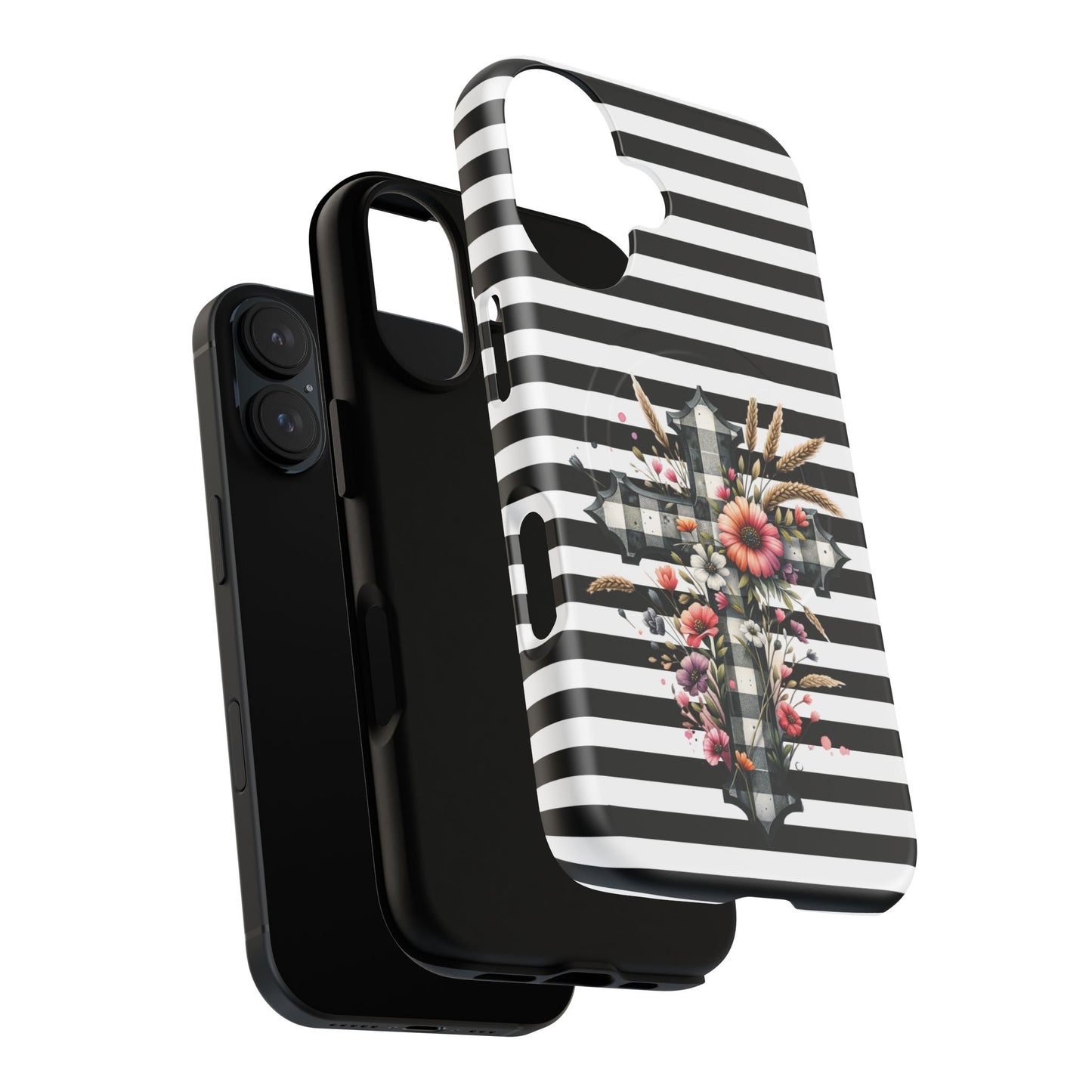 Grace in Bloom Tough Magnetic iPhone Case with Floral Cross Design, Boho iPhone Cover, Striped iPhone Case, Unique Religious Gift, Trendy Cell iPhone Accessory.