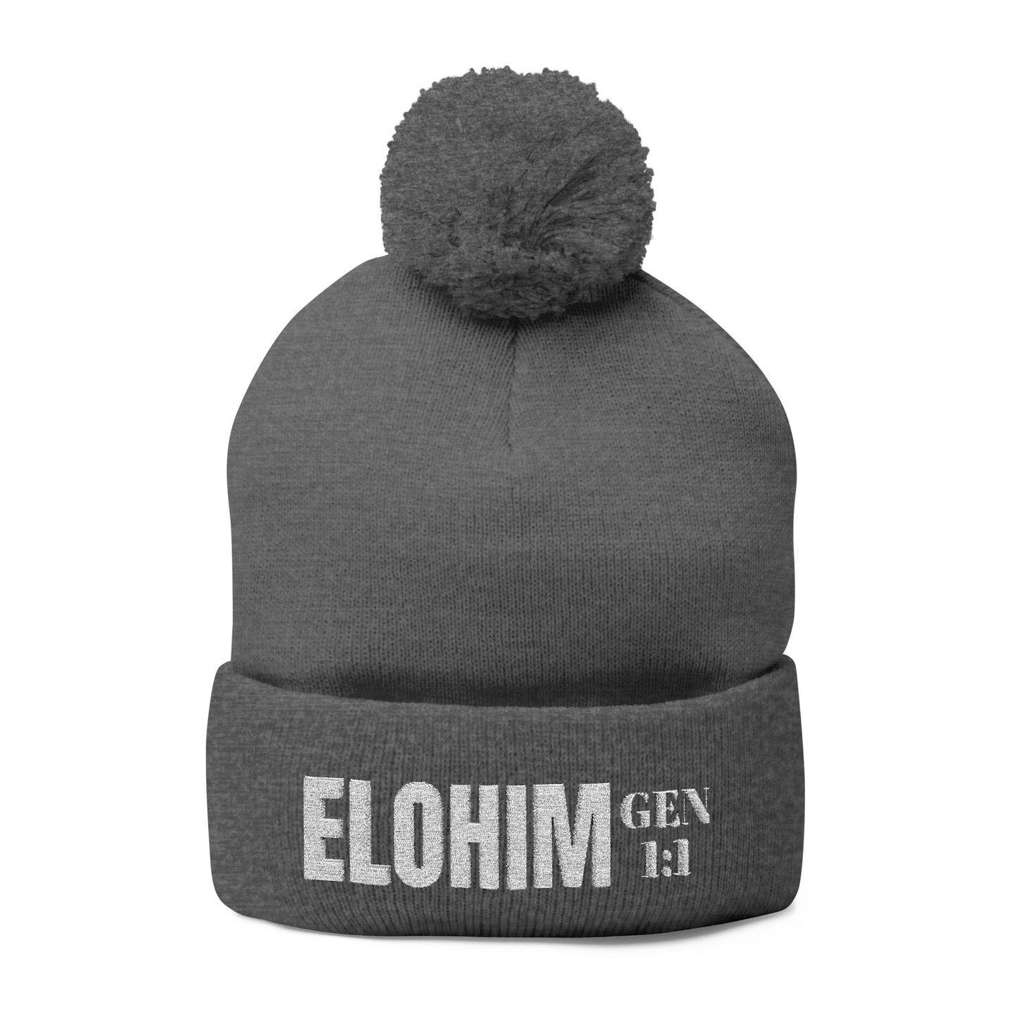 Pom-Pom Knit Cap with 'ELOHIM, GENESIS 1:1'  Embroidery Beanie - Stylish Winter Accessory for All Ages, Perfect Gift for Birthdays, Holidays, and Outdoor Activities