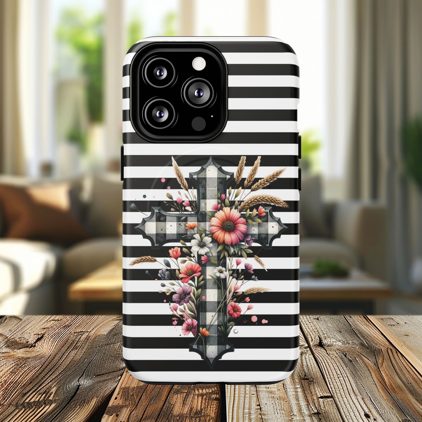 Grace in Bloom Tough Magnetic iPhone Case with Floral Cross Design, Boho iPhone Cover, Striped iPhone Case, Unique Religious Gift, Trendy Cell iPhone Accessory.