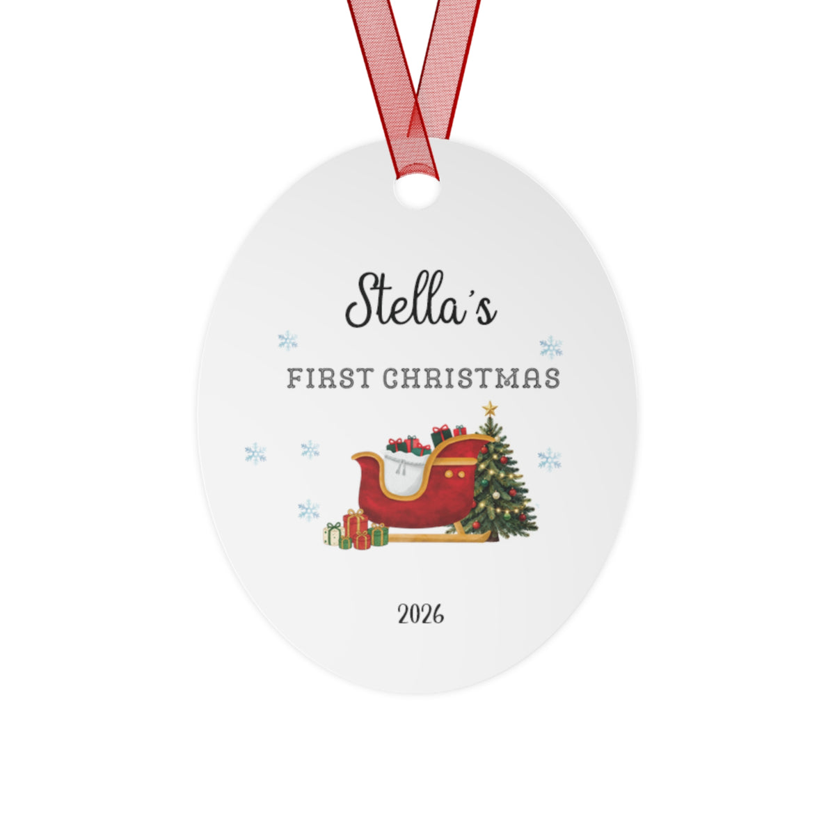 Personalized First Christmas Metal Ornament — Custom Name & Year, Sleigh and Tree Design