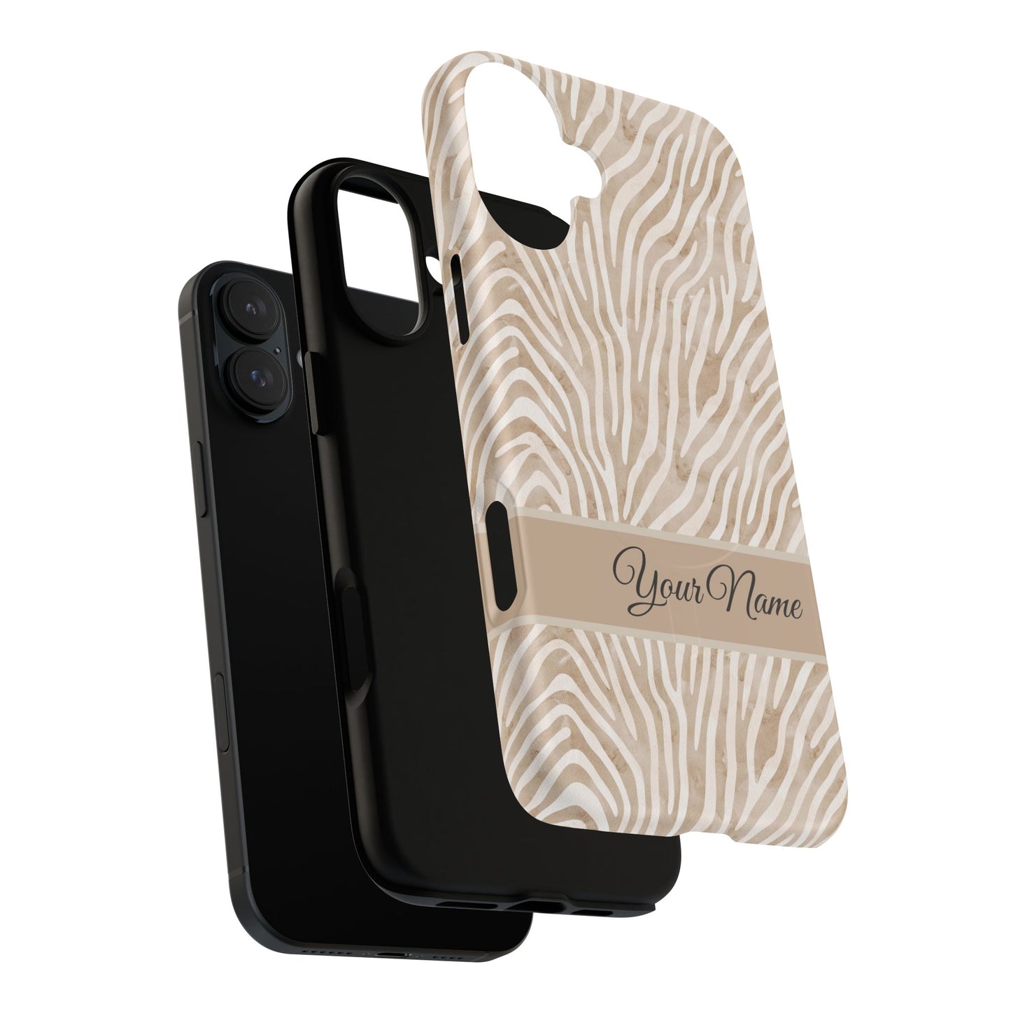 Personalized Zebra Animal Print Cover, Tough Magnetic MagSafe® iPhone® 13, 14, 15, 16, 17, Pro, Pro Max, Plus Cases (Custom Name).
