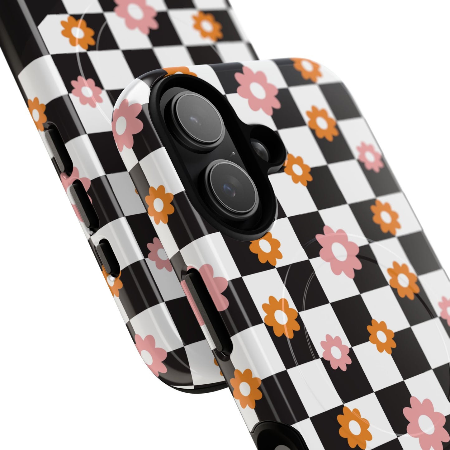 Groovy Checkered Bloom iPhone Case, Tough Magnetic Cases for Women, Stylish iPhone Cover, Trendy Floral Print, Gift for Her, Everyday Accessories