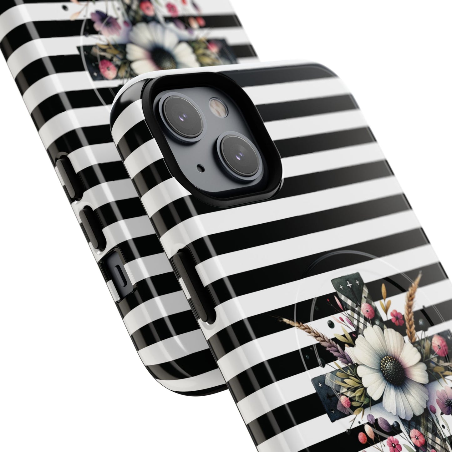 Faith in Bloom Tough iPhone Magnetic Case, iPhone Accessories, Floral iPhone Cover, Durable Cases for Gifts, Black and White Stripes