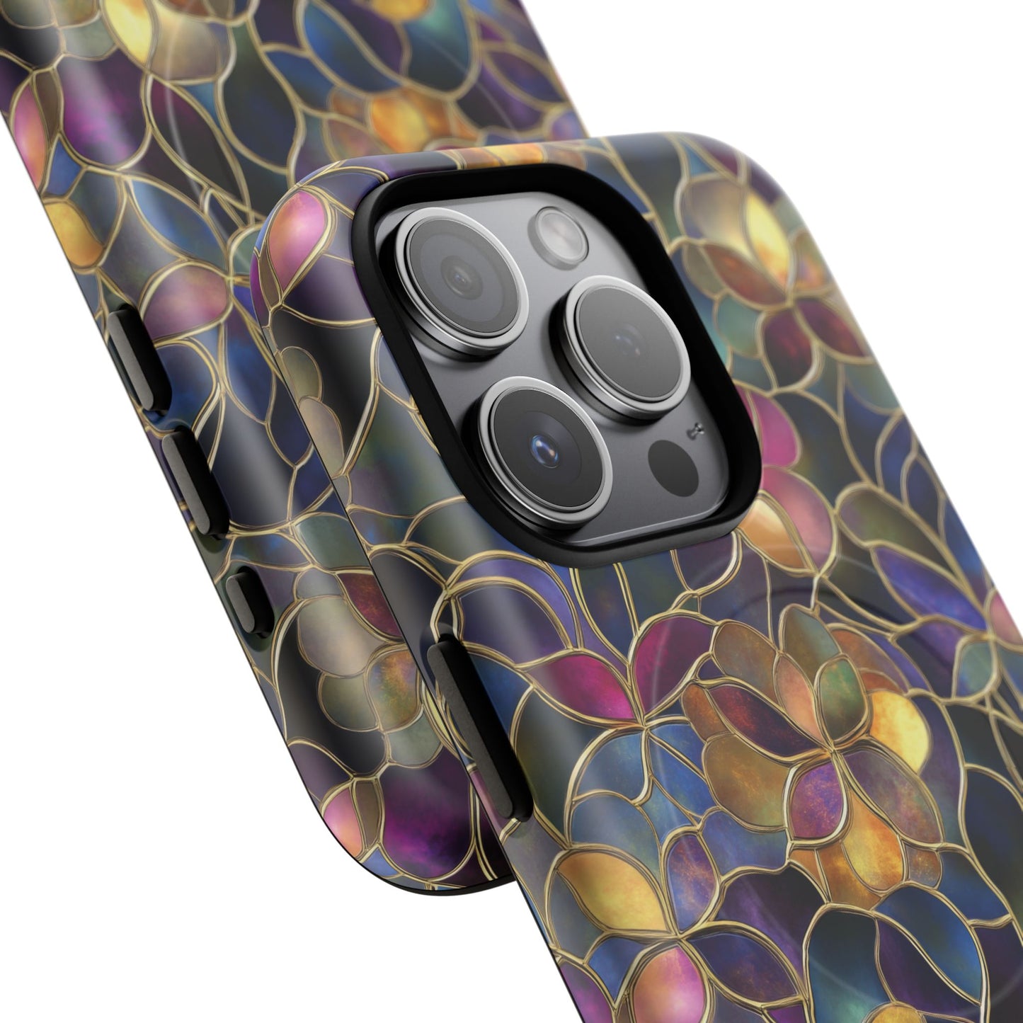 Chromatic Bloom Tough iPhone Magnetic Case, Tough iPhone Cover, Floral iPhone Accessory, Birthday Gift, Elegant Tech Decor, MagSafe Stained Glass Pattern.