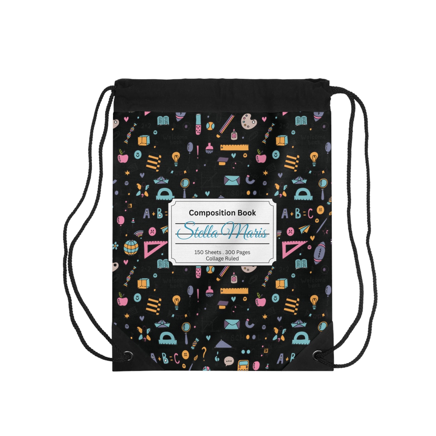 Custom Chalkboard Chic Composition Book Inspired Colorful plsyful icons Drawstring Bag | Personalized College Ruled Tote | Kids School Gear | Fun Gym Sack | Back to School Accessory